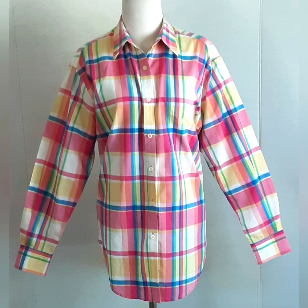 LAUREN Ralph Lauren 100% Cotton Pastel Plaid Button Down Shirt Sz. Med - VTG